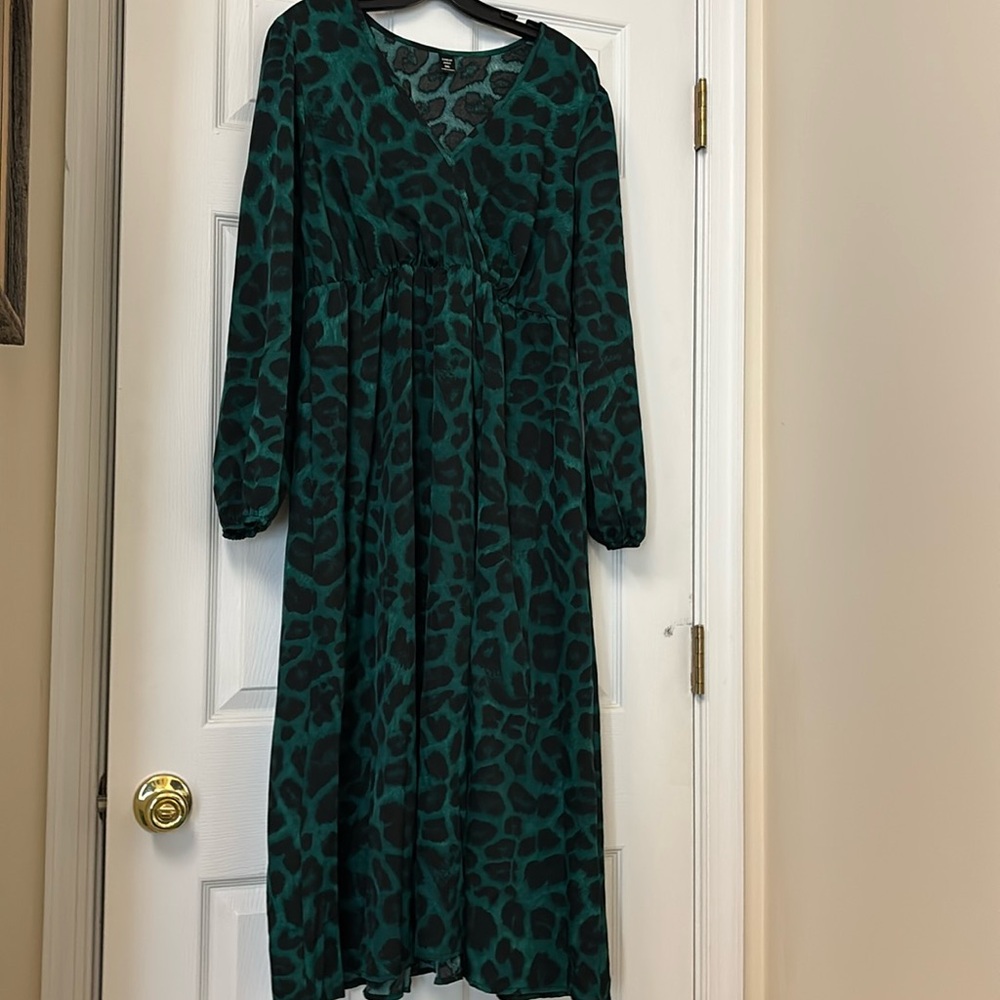 SHEIN curve 0xl green leopard cheetah maxi dress pinup vlv rockabilly mod retro